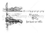 Sketched red rubber sailboat drifting on calm water with mountains, paired with the sentiment 'Love knows no limits'
