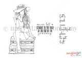 Line-art stamp of a girl in a sunhat sitting on stacked suitcases beside 'Let's find some beautiful place to get lost.'