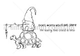 Red rubber stamp set of a gnome riding a turtle with 'I'm sorry this card is late' and 'Don't worry you'll get there.'