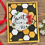 Black-and-gold honeycomb card with red flowers, a bee and "Sweet as can bee."