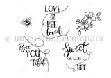 Outline stamp sheet of bees, flowers and flight trails with "Love & Bee loved," "Bee YOU tiful" and "Sweet as can bee."