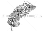 Line-art red rubber stamp of a tall decorative feather woven with flowers and swirls, sized for slimline cards.