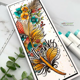 Slimline card with the feather colored in warm autumn tones over 'thanks' script and a splattered background.