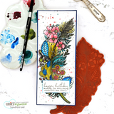 Slimline card of the floral feather colored in mixed hues, 'happy birthday.'