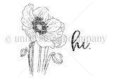Red rubber stamp set with one large detailed poppy flower and buds plus a bold 'hi.' sentiment.