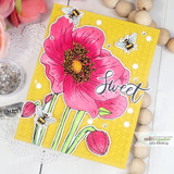 Yellow honeycomb card with a pink poppy and bees, 'sweet.'