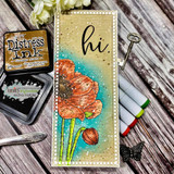 Slimline card with an orange poppy on a teal-and-gold background, 'hi.'