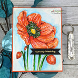 Card with an orange poppy on a blue watercolor panel, 'You're my favorite hug.'