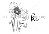 Red rubber stamp set with one large detailed poppy flower and buds plus a bold 'hi.' sentiment.
