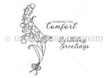 Red rubber stamp sheet: a spray of lily of the valley with 'Wishing you Comfort' and 'Birthday Greetings.'