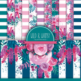 Wild and Whimsy 6x6 paper pack, magenta roses and wisteria over teal and white stripes with pink, purple and green coordinating prints.