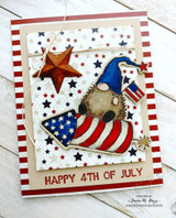 Rustic card with the gnome, a red star and wood-grain stripes and 'Happy 4th of July.'