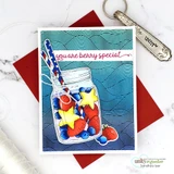 Teal wave-patterned card with the mason jar and two striped straws, above a pink script sentiment reading You are berry special.