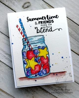 Watercolor card with the mason jar painted in blues and reds with red and blue striped straws, under the sentiment Summertime and friends make the perfect blend.