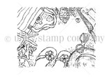 To the Beach red rubber border background stamp: flip flops, sunglasses, a sun hat, seashells, starfish and a beach bag on the sand framing an open A2 center.
