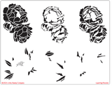 Layering Peony stencil sheet. Three peony blooms and scattered petals in layered outlines for building a shaded flower.