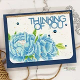 'Thinking of you' card featuring a blue peony built with the Layering Peony stencil.