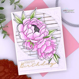 Card of pink peonies on a pale lavender background, 'Happy Birthday.'