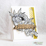 Elegant black-and-white peonies with gold accents, 'One day you will look back and see that all along you were blooming.'
