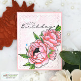 Card of coral peonies on a soft pink panel, 'Happy Birthday.'