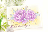 Card of lavender peonies on a sunny yellow wash, 'Happy Birthday.'