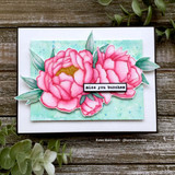 Card of a pink peony on teal with the sample sentiment 'miss you bunches.'