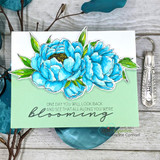 Card using the bundle: a bright blue peony bloom with 'one day you will look back and see that all along you were blooming.'