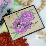 Card using the bundle: a purple peony with 'Happy Birthday' on kraft.