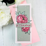 Slimline card with muted pink peonies and 'Happy Birthday.'