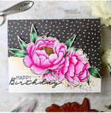 Card with hot-pink peonies on black polka dot and 'Happy Birthday.'