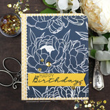Navy tone-on-tone peony card with 'Happy Birthday.'