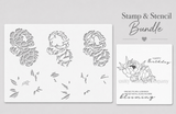 Peony stamp and layering stencil bundle product shot — the red rubber stamp set with its coordinating stencil.