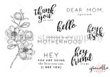 The Best You Can stamp sheet: a magnolia branch in bloom with the sentiments 'thank you so much', 'DEAR MOM. I get it now.', 'hello', 'hey it's ok', 'Celebrating the gift of MOTHERHOOD', 'HEY YOU ARE DOING the best you can. (I SEE YOU)' and 'hey friend it's me'.