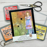 Warm orange and yellow blended card stamped with the arch background, layered with a hand colored girl and a small quoted strip.