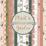 Plant A Garden 6x6 paper pack, gingham, botanical sprigs, seed packet motifs and small florals in sage, terracotta and cream.