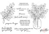 Line-art stamps of an olive branch and a jar of olive foliage with sympathy sentiments 'you are precious in my eyes,' 'with heartfelt sympathy' and 'sending gentle hugs.'