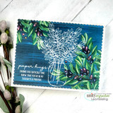 Card of the olive foliage jar in white outline on a deep teal panel, 'paper hugs.'