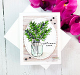 Clean card of the olive-leaf jar in an oval, 'welcome as you are.'
