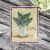 Card of the olive-leaf jar with purple blooms, 'with heartfelt sympathy.'