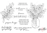 Red rubber stamp sheet with an olive branch sprig and a mason jar of the same leafy stems, surrounded by comfort sentiments including 'Peace', 'paper hugs', 'Get well soon' and 'With heartfelt sympathy'.