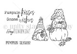 Hello Pumpkin Gnome red rubber stamp set art by Jeanie Hays — gnomes with pumpkins and three fall sentiments