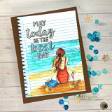 Beach girl in a red suit on a notebook-style card with hand-lettered 'May today be the best day.'