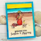 Beach girl in a red swimsuit holding a drink, 'Wishing you sunshine & happiness,' bright blue and yellow beach scene.