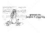 Uncolored red rubber stamp of the beach girl with the 'Wishing you sunshine & happiness' sentiment.