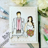White card with the couple coloured in grey and blush, the bride's bouquet in pink and burgundy, and a large script Congrats over a dotted frame.