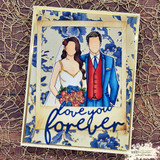 Blue and white floral card with the bride in an ivory gown and the groom in a blue suit and red vest, framed in gold with a love you forever sentiment from another set.