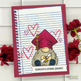 Card with the notebook-paper background, a graduation gnome owl, scattered hearts, and 'Congratulations Gnomie!'