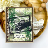 Distressed green grunge card with a vintage car stamped over the notebook-paper background and 'Such a great guy.'