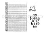 Red rubber background stamp of a lined notebook-paper sheet with two small hearts and the sentiment 'May today be the best day.'