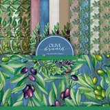 Olive Branch 6x6 paper pack cover with sheets of olive boughs and dark olives on painted blue wood, soft pink and sage tonal prints behind.